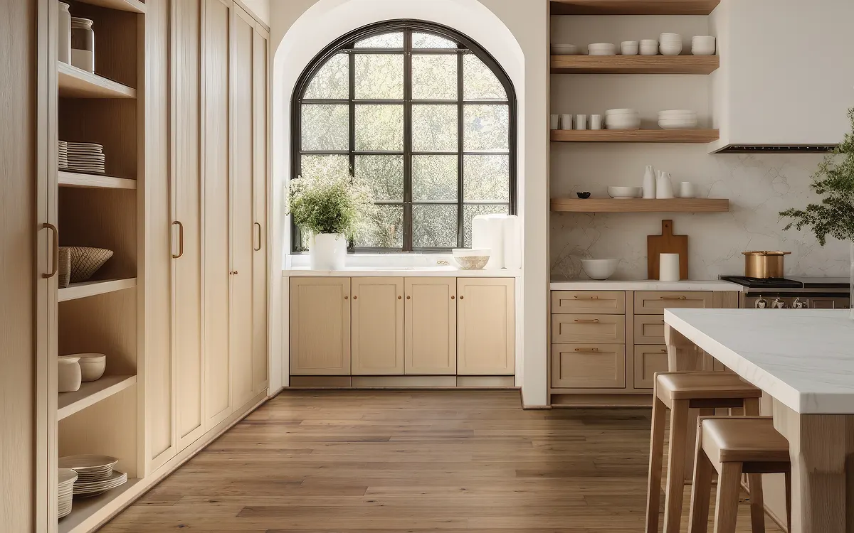 Natural wood flooring in a warm kitchen with cream cabinets and a large island | Kay Riley Carpet & Flooring