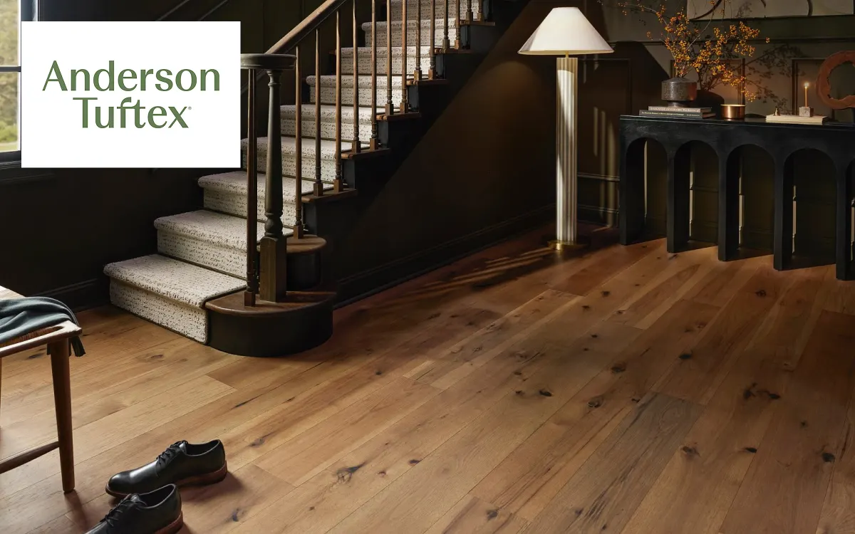 Elegant staircase and room with Anderson Tuftex hardwood flooring | Kay Riley Carpet & Flooring