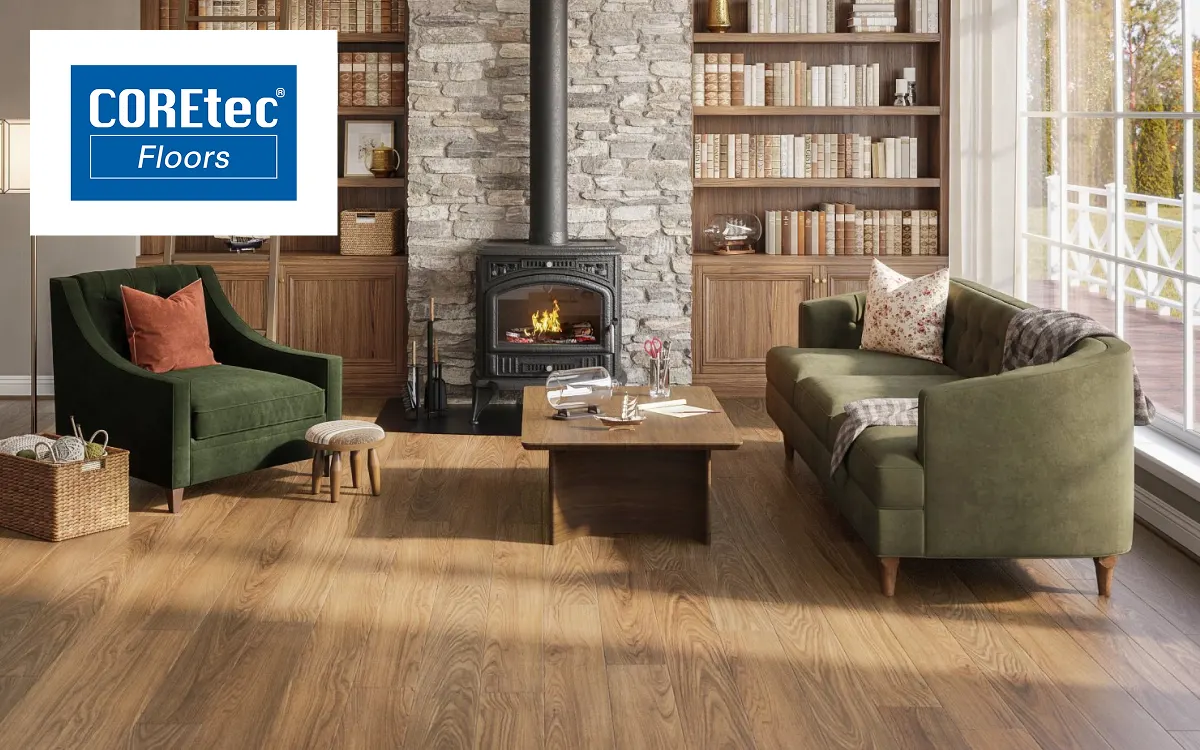 Living room with COREtec flooring and a fireplace | Kay Riley Carpet & Flooring