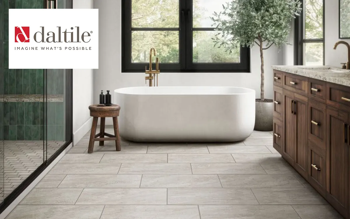 Modern bathroom with Daltile tile flooring | Kay Riley Carpet & Flooring