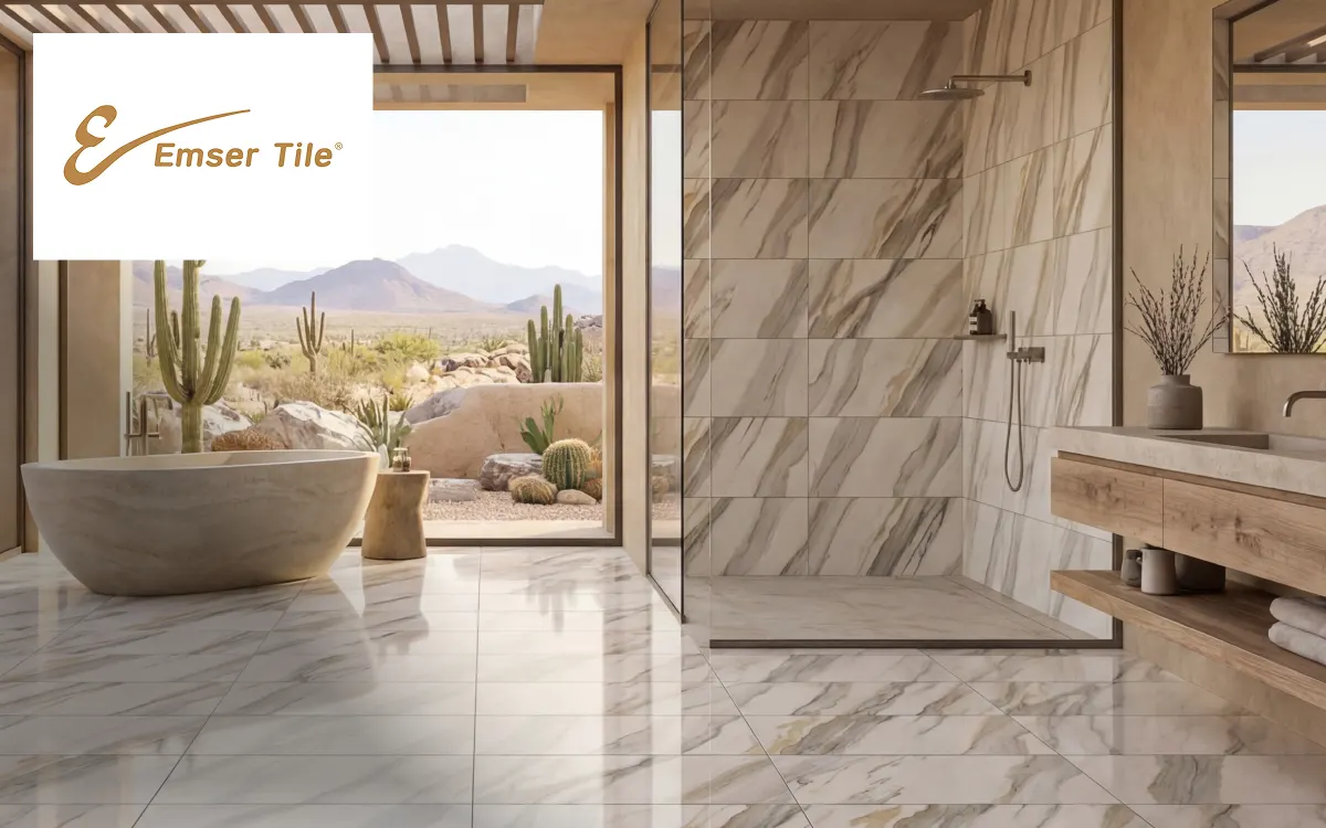 Modern bathroom with Emser Tile flooring and shower | Kay Riley Carpet & Flooring