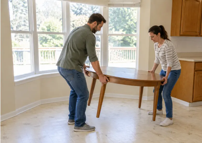 Homeowners preparing a room for vinyl flooring installation by moving furniture | Kay Riley Carpet & Flooring