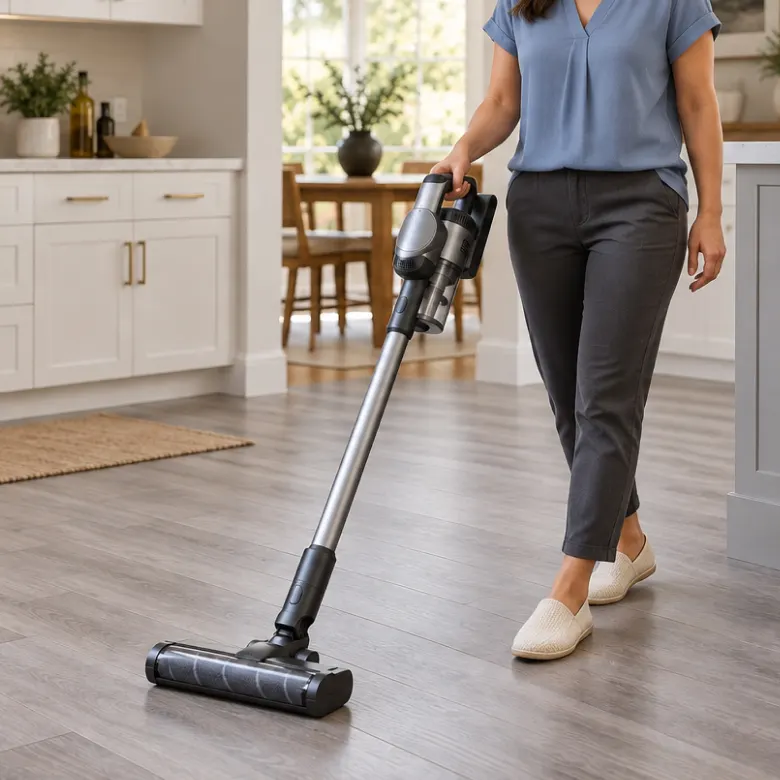 Women vacuuming a vinyl floor in a bright kitchen and dining area | Kay Riley Carpet & Flooring